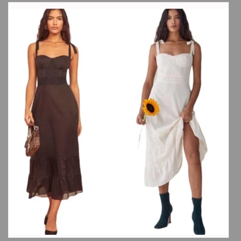 Reformation Dress Noa Embroidered Tie Strap Tiered Organic Cotton Midi 10